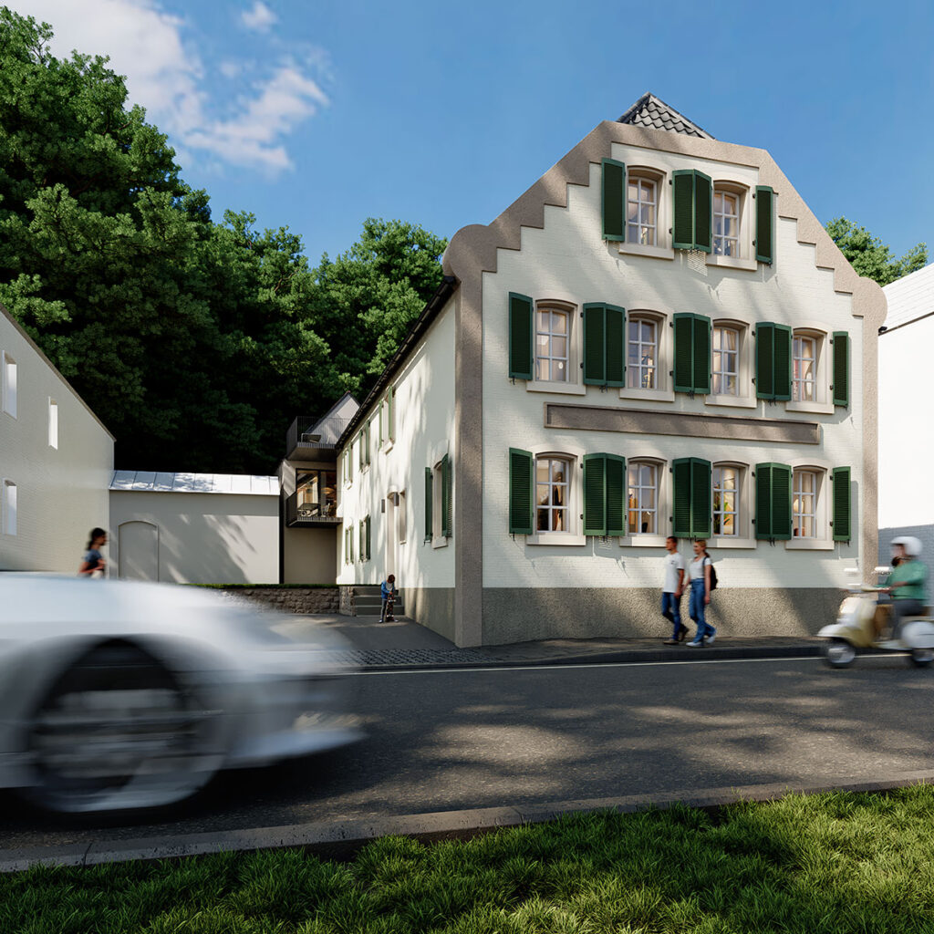 Haus Leven in Leverkusen-Hitdorf, restauriertes Baudenkmal aus dem 18. Jahrhundert mit rückwärtigem Anbau und Blick auf den Rhein